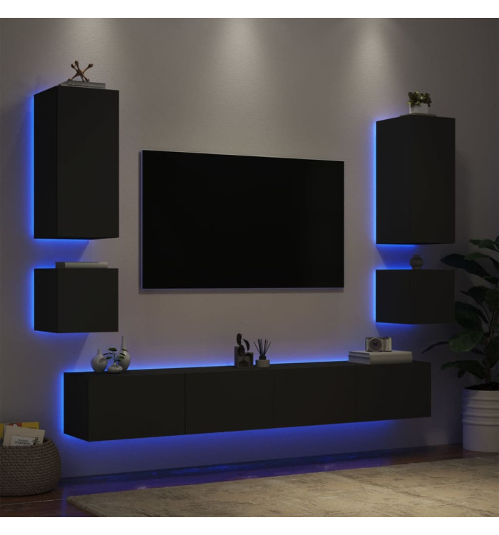 Meuble TV muraux 6 pcs avec lumières LED noir | Mobilier & Déco