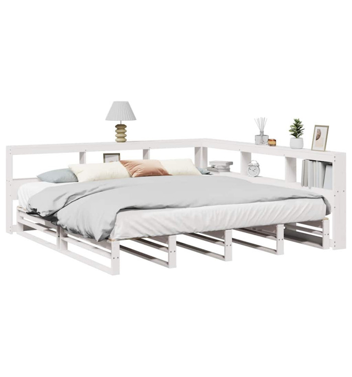 Lit bibliothèque sans matelas blanc 200x200 cm bois pin massif | Mobilier & Déco