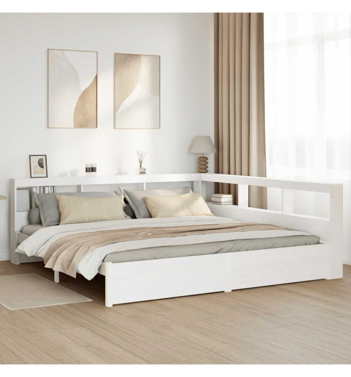 Lit bibliothèque sans matelas blanc 200x200 cm bois pin massif | Mobilier & Déco