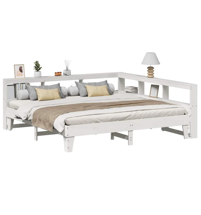 Lit bibliothèque sans matelas blanc 200x200 cm bois pin massif | Mobilier & Déco