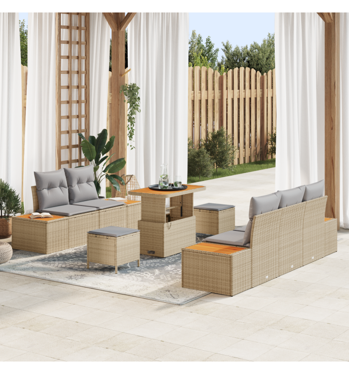 Ensemble de Canapé de Jardin 8 Pièces avec Coussins Beige Rattan Poly Acacia | Mobilier & Déco