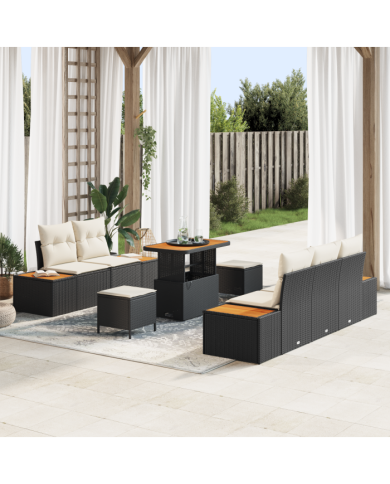 Ensemble de Canapés de Jardin de 8 pièces avec Coussins Noir Rattan Poly Acacia | Mobilier & Déco
