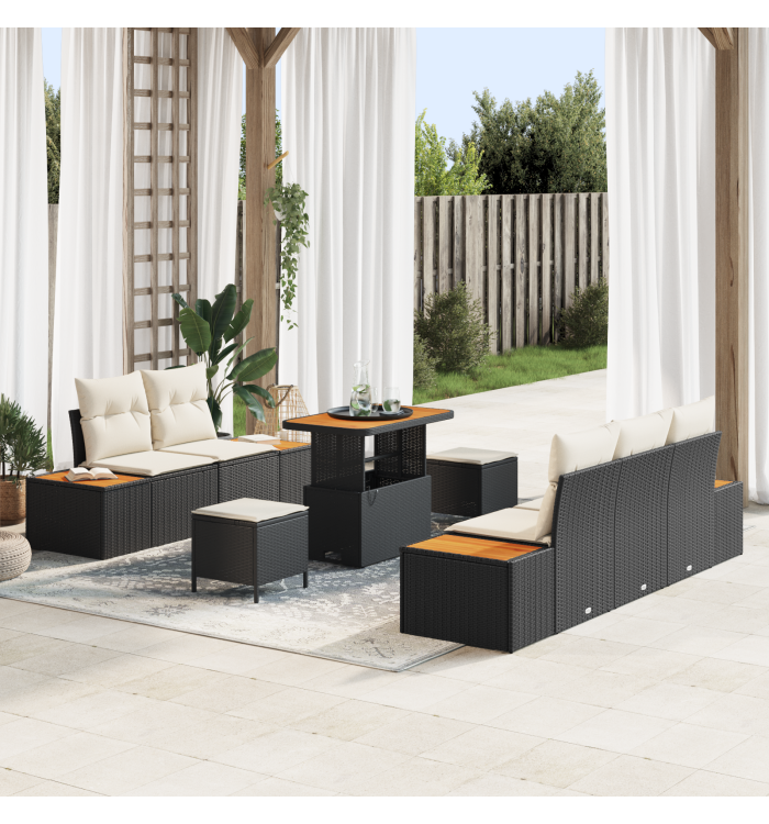 Ensemble de Canapés de Jardin de 8 pièces avec Coussins Noir Rattan Poly Acacia | Mobilier & Déco