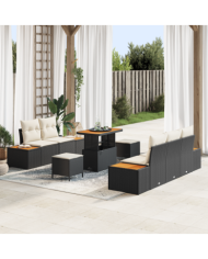 Ensemble de Canapés de Jardin de 8 pièces avec Coussins Noir Rattan Poly Acacia | Mobilier & Déco