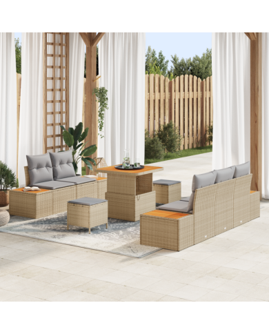 Ensemble de canapés de jardin 8 pièces avec coussins beige poly rattan acacia | Mobilier & Déco