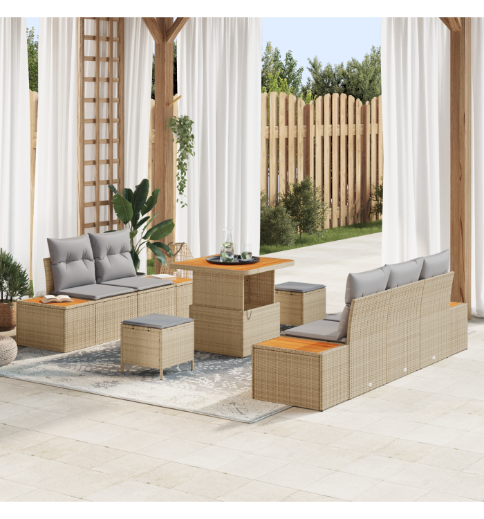Ensemble de canapés de jardin 8 pièces avec coussins beige poly rattan acacia | Mobilier & Déco