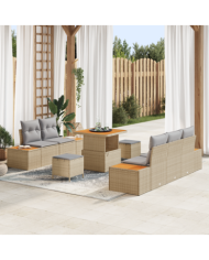 Ensemble de canapés de jardin 8 pièces avec coussins beige poly rattan acacia | Mobilier & Déco