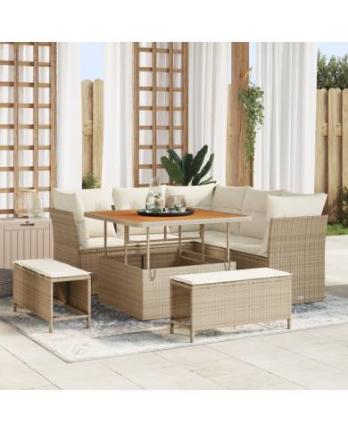 Canapé de jardin 8 pièces avec coussins beige poly rotin | Mobilier & Déco