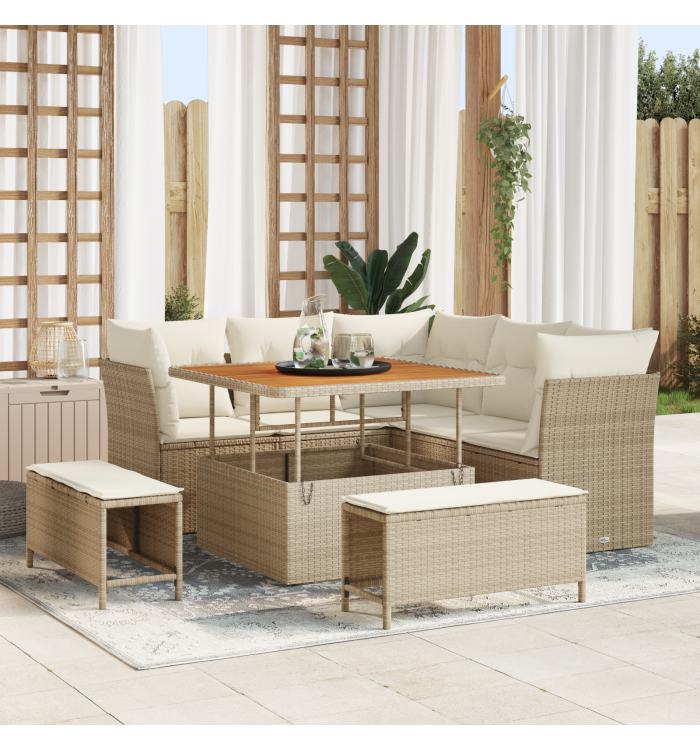 Canapé de jardin 8 pièces avec coussins beige poly rotin | Mobilier & Déco
