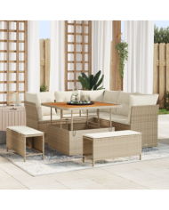 Canapé de jardin 8 pièces avec coussins beige poly rotin | Mobilier & Déco