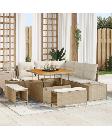Ensemble de canapé de jardin 8 pièces avec coussins Beige Poly Rotin Acacia | Mobilier & Déco
