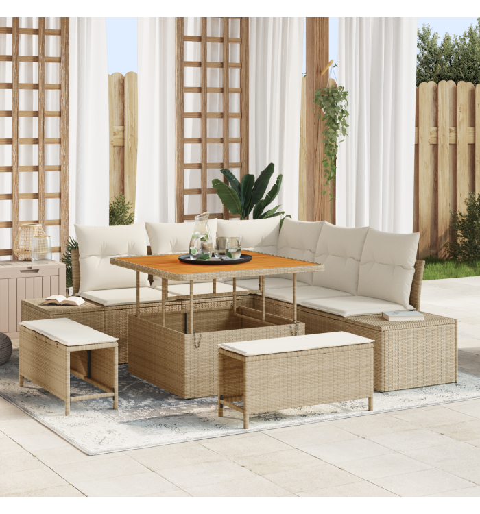 Ensemble de canapé de jardin 8 pièces avec coussins Beige Poly Rotin Acacia | Mobilier & Déco