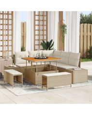 Ensemble de canapé de jardin 8 pièces avec coussins Beige Poly Rotin Acacia | Mobilier & Déco