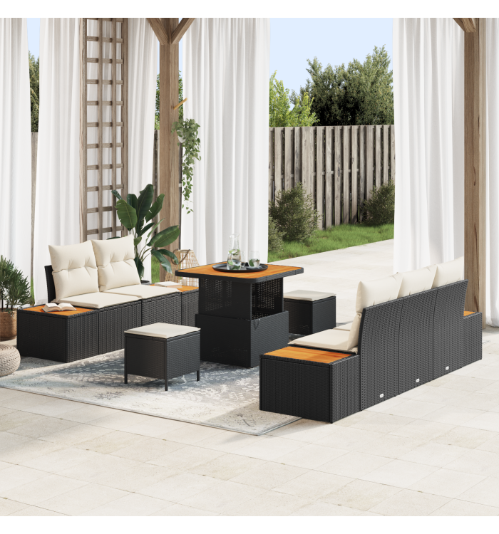 Set de canapé de jardin 8 pièces avec coussins noir rotin poly acacia | Mobilier & Déco