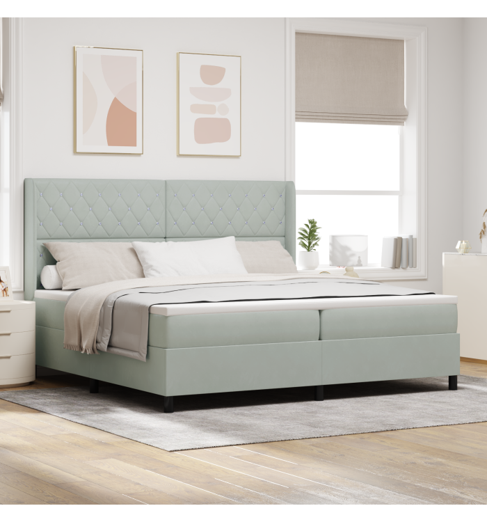 lit box spring avec matelas et lumière LED gris clair 200x200 cm en velours | Mobilier & Déco