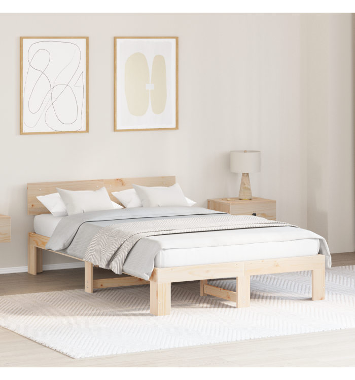 Cadre de lit avec tête de lit 135x190 cm en bois de pin massif | Mobilier & Déco