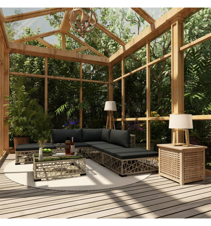 Salon de jardin 6 pcs avec coussins résine tressée gris | Mobilier & Déco