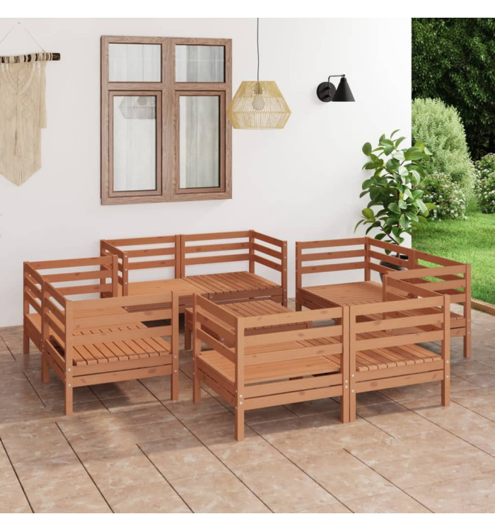 Salon de jardin 9 pcs Marron miel Bois de pin massif | Mobilier & Déco