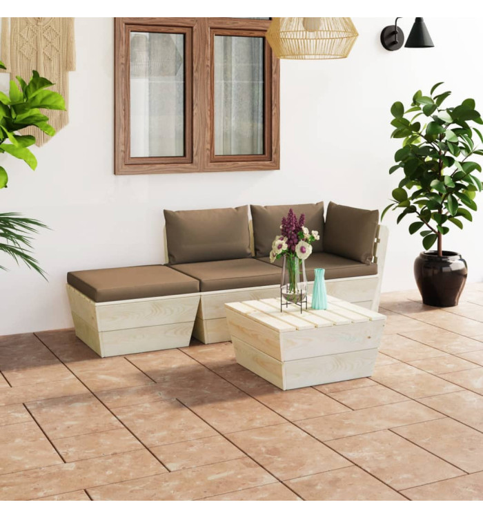 Salon de jardin palette 4 pcs avec coussins bois d'épicéa | Mobilier & Déco