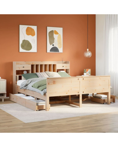 Lit bibliothèque sans matelas 200x200 cm bois massif de pin | Mobilier & Déco