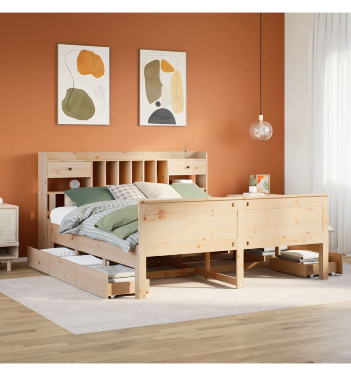 Lit bibliothèque sans matelas 200x200 cm bois massif de pin | Mobilier & Déco
