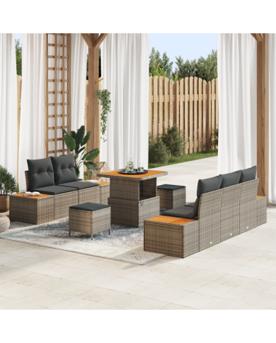 Canapé de Jardin 8 Pièces avec Coussins Gris Rattan Acacia | Mobilier & Déco