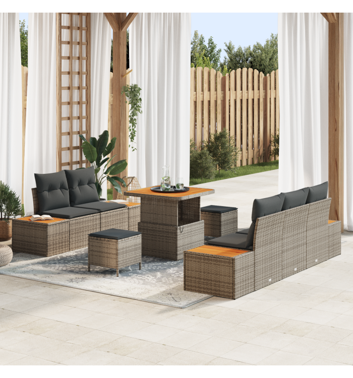 Canapé de Jardin 8 Pièces avec Coussins Gris Rattan Acacia | Mobilier & Déco