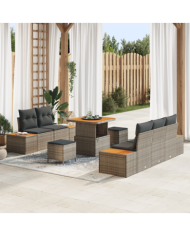 Canapé de Jardin 8 Pièces avec Coussins Gris Rattan Acacia | Mobilier & Déco