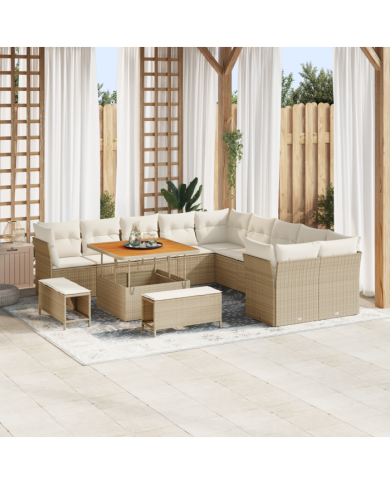 Ensemble de canapés de jardin de 13 pièces avec coussins beige poly rotin acacia | Mobilier & Déco
