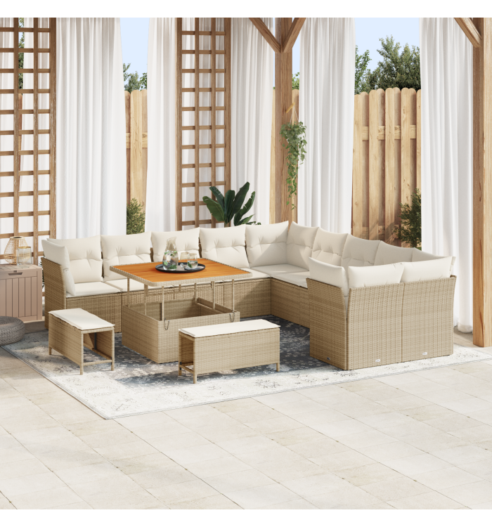 Ensemble de canapés de jardin de 13 pièces avec coussins beige poly rotin acacia | Mobilier & Déco