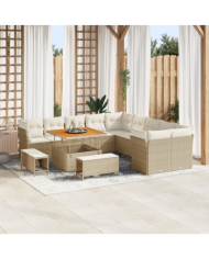 Ensemble de canapés de jardin de 13 pièces avec coussins beige poly rotin acacia | Mobilier & Déco
