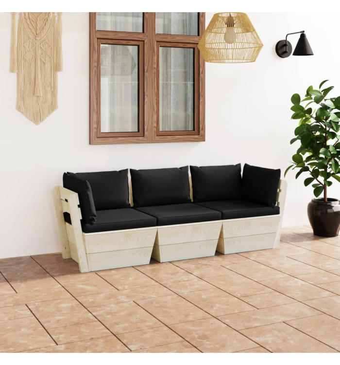 Canapé palette à 3 places de jardin avec coussins Bois d'épicéa | Mobilier & Déco