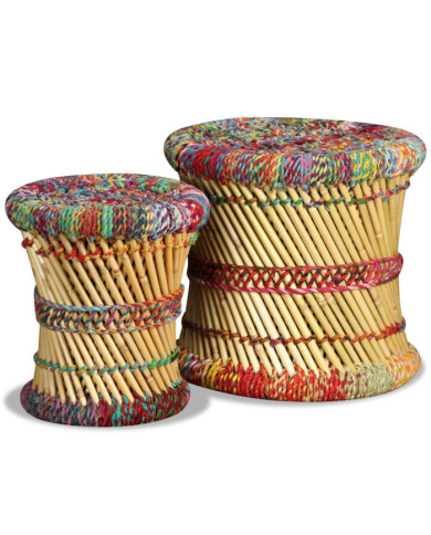 Tabourets avec détails chindi lot de 2 multicolore bambou | Mobilier & Déco