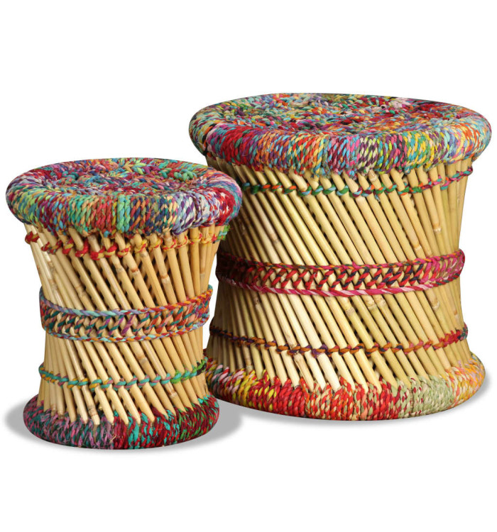 Tabourets avec détails chindi lot de 2 multicolore bambou | Mobilier & Déco