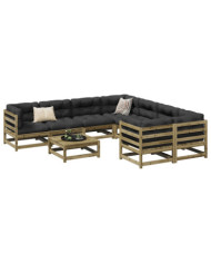 Salon de jardin 9 pcs avec coussins bois de pin imprégné | Mobilier & Déco