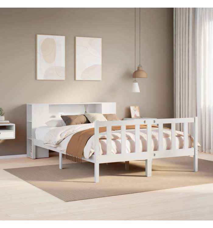 Lit bibliothèque sans matelas blanc 135x190 cm bois pin massif | Mobilier & Déco