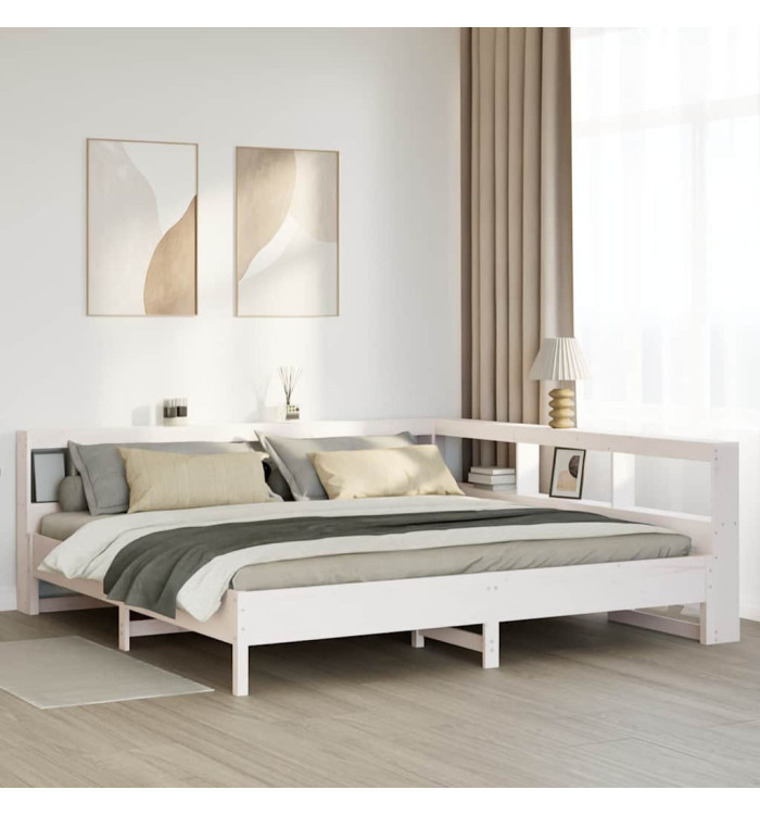 Lit bibliothèque sans matelas blanc 200x200 cm bois pin massif | Mobilier & Déco