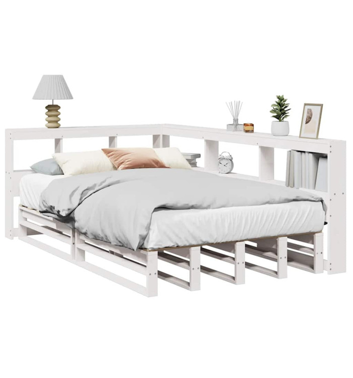 Lit bibliothèque sans matelas blanc 120x200 cm bois pin massif | Mobilier & Déco