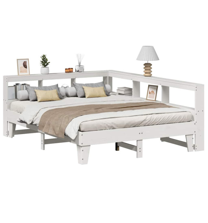 Lit bibliothèque sans matelas blanc 150x200 cm bois pin massif | Mobilier & Déco