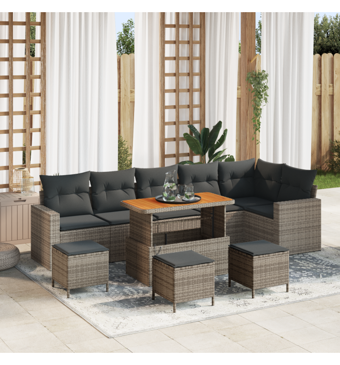 Ensemble de canapé de jardin de 10 pièces avec coussins Gris Résine Tressée Acacia | Mobilier & Déco