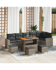 Ensemble de canapé de jardin de 10 pièces avec coussins Gris Résine Tressée Acacia | Mobilier & Déco