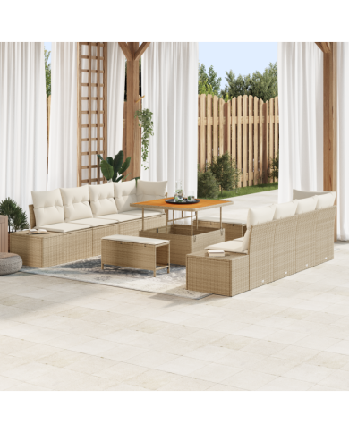 Ensemble de canapé de jardin 11 pièces avec coussins Beige poly rotin Acacia | Mobilier & Déco