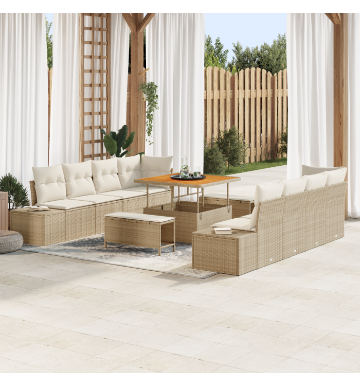 Ensemble de canapé de jardin 11 pièces avec coussins Beige poly rotin Acacia | Mobilier & Déco