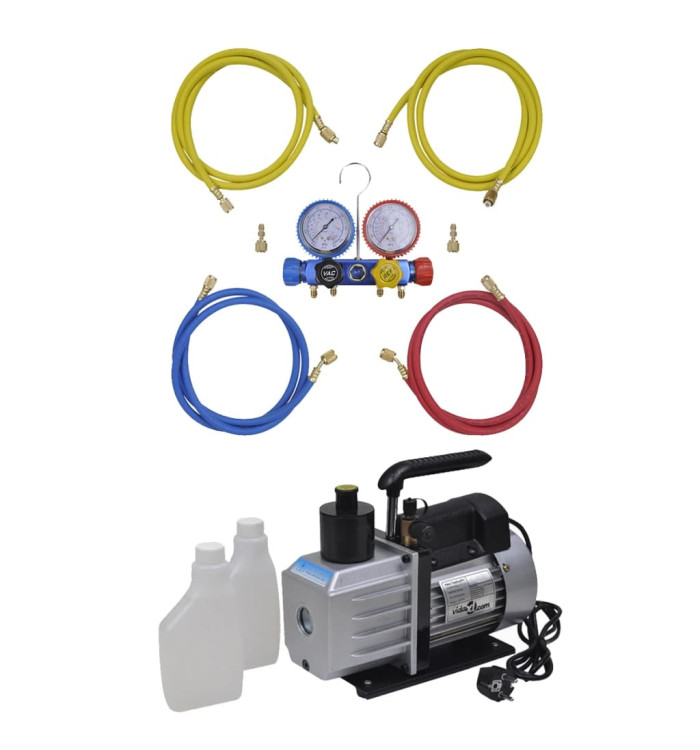 Pompe à vide 50 L/min avec manomètre à 4 voies en kit d'outils | Mobilier & Déco