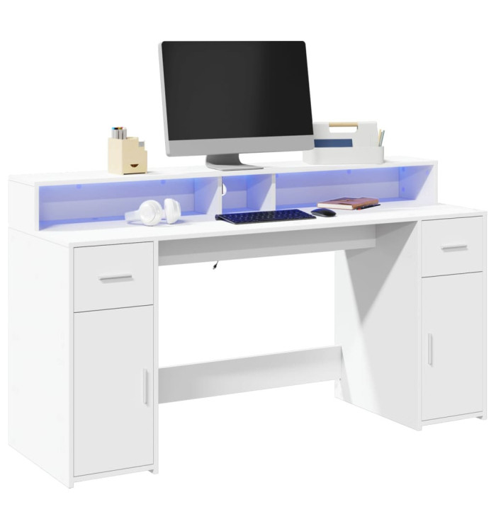 Bureau avec lumières LED blanc 160x55x91 cm bois d'ingénierie | Mobilier & Déco
