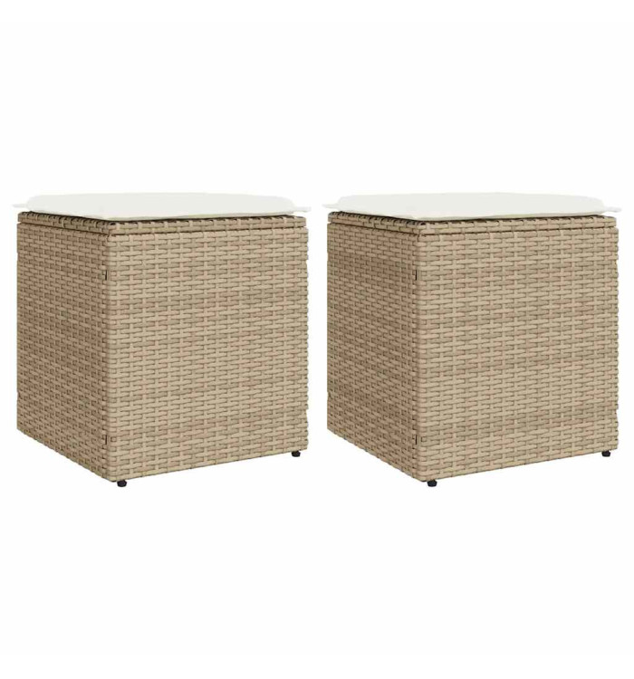 Tabourets de jardin avec coussins lot de 2 beige résine tressée | Mobilier & Déco