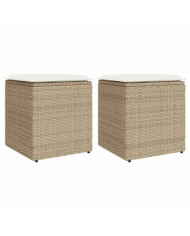 Tabourets de jardin avec coussins lot de 2 beige résine tressée | Mobilier & Déco