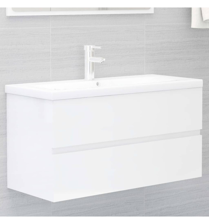 Armoire d'évier avec lavabo intégré Blanc brillant | Mobilier & Déco