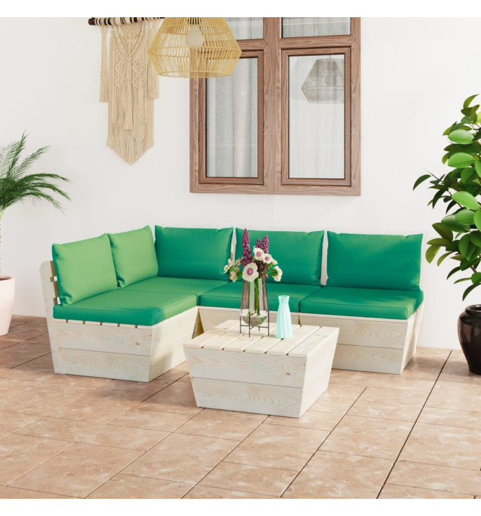 Salon de jardin palette 5 pcs avec coussins bois d'épicéa | Mobilier & Déco