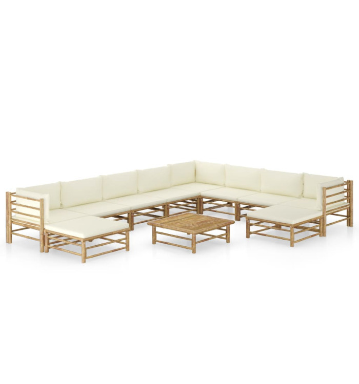 Salon de jardin 11 pcs avec coussins blanc crème bambou | Mobilier & Déco